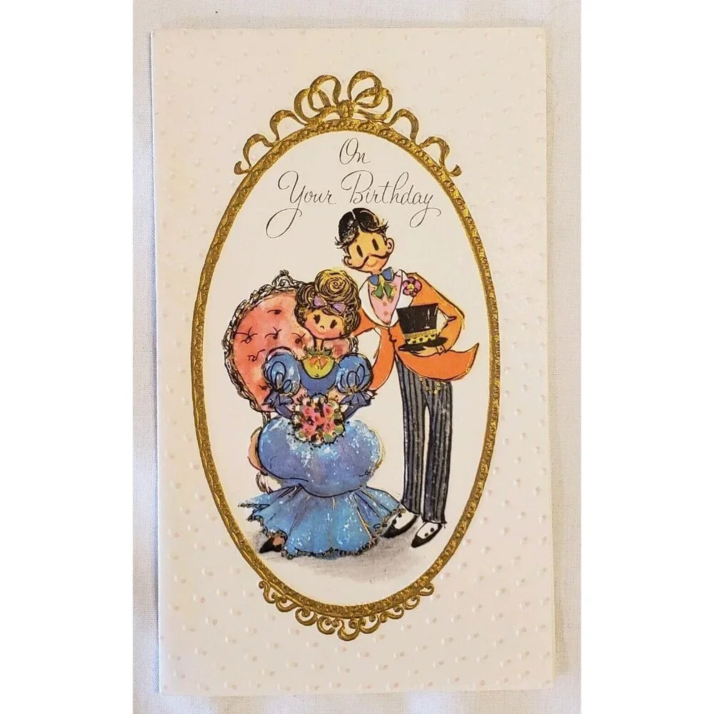 70s Birthday Card Gibson Girl Couple Old Fashioned Embossed Made USA Vintage